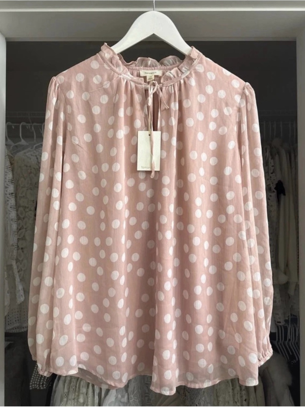 TAMARA H Dusty Pink Polka Dot Chiffon Ruffle-Neck Blouse 1X